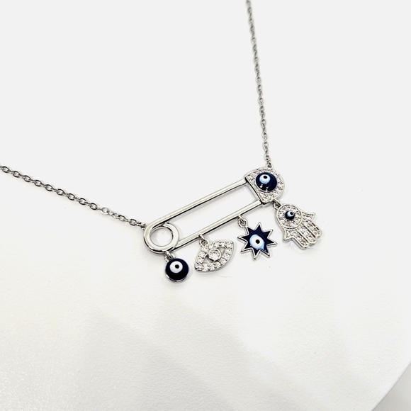 Trendy 925 Sterling Silver Plated Boho Evil Eye Pendant Safety Pin Necklace - Picture 6 of 8